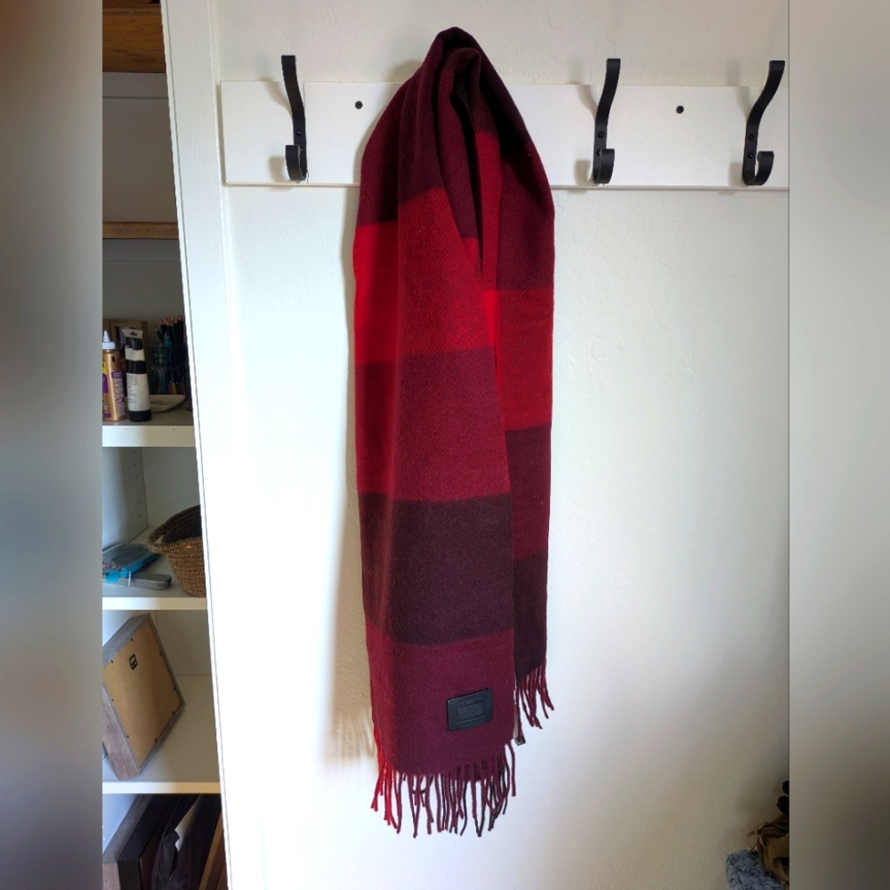 COACH Wool Red & Black Plaid Scarf with Fringe